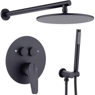 Imagem de Sistema De Chuveiro De 12 Polegadas Com Válvula De Pressão Balanceada Chuva Montada No Teto De Luxo E Conjunto De Chuveiro De Mão Desviador De Botão, Black - 10 Round - Wall, Push-Button Diverter