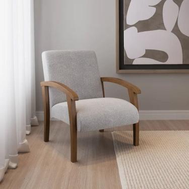Imagem de Poltrona para Sala Tecido Linho Braços Madeira Maciça Mia Cinza