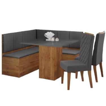 Imagem de Conjunto Sala de Jantar Canto Alemão C/Baú Liebe com Mesa Lord e 2 Cadeiras Bele Madeirado/Cinza Veludo