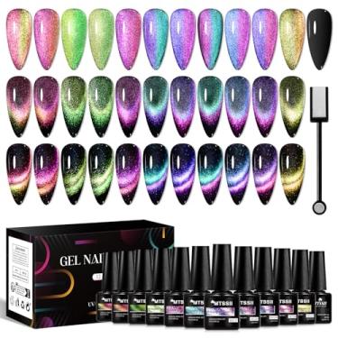 Imagem de MTSSII Kit de esmalte de gel magnético olho de gato de 12 cores com 1 bastão magnético, gel olho de gato para unhas de imersão para salão de beleza, manicure, casa, presente feminino
