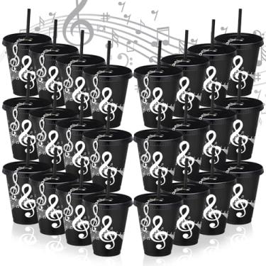 Imagem de Skylety 24 conjuntos de copos musicais para presentes musicais a granel 473 g reutilizável nota musical copo de plástico com canudo e tampa chaveiro presentes para festa amante da música (preto, cor)