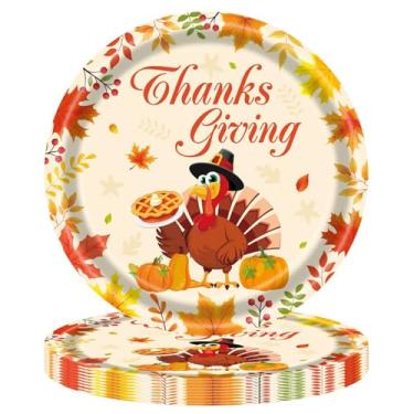Imagem de Pratos de papel de ação de graças, suprimentos de férias, jantar, sobremesa, louça, outono, peru, abóboras, folhas de bordo, design de utensílios de mesa 23 cm, 20 peças