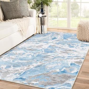 Imagem de DEXDE Tapete para sala de estar, quarto, lavável, moderno, abstrato, antiderrapante, grande, macio, tapete para sala de jantar, quarto, cozinha, escritório, berçário, sala de jogos, azul