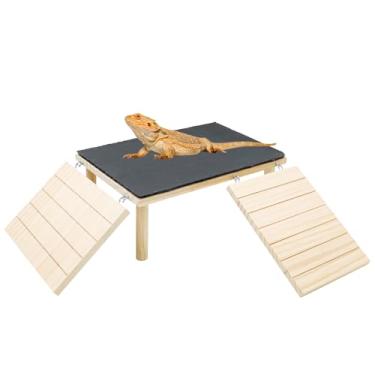 Imagem de Plataforma de dragão barbudo, madeira + placa de rocha, esconderijo de caverna de réptil com rampa de escalada, acessórios de aquários e terrários para dragões barbudos, lagartixas, lagartas