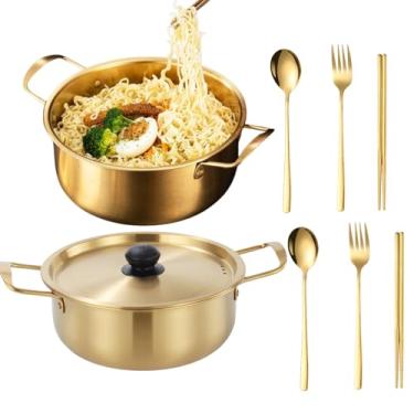 Imagem de Panela de ramen coreana com tampa, 2 unidades de panela de macarrão coreana, panela coreana de aço inoxidável para sopa, macarrão, lavável na lava-louças (18 cm, 20 cm)