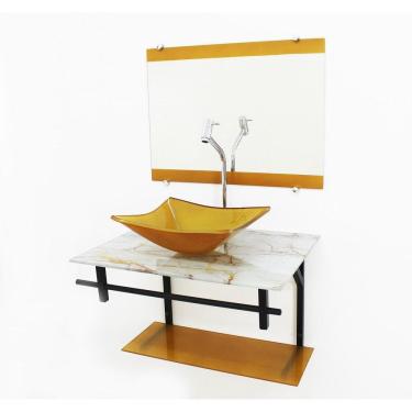 Imagem de Gabinete De Vidro 60Cm Cuba Quadrada Mármore Branco Dourado