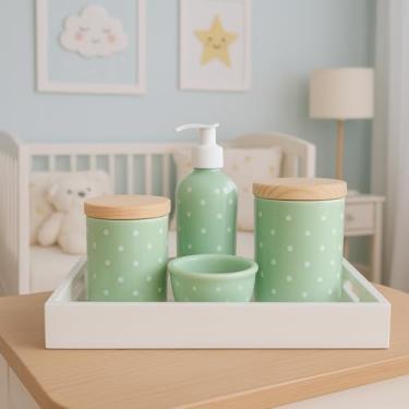 Imagem de Kit Higiene poá Bebê em Porcelana, Bandeja Branca, 4 Peças, Potes com Tampa de Madeira, Dispenser, Porta Algodão, Decorativo para Quarto Infantil (Verde de Poa Branco)