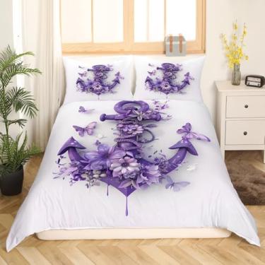 Imagem de Erosebridal Jogo de cama queen com âncora roxa oceano, náutico, aquarela, borboleta, flores, capa de edredom para crianças, adolescentes, adultos, âncora retrô, estilo rústico, capa de edredom 3 peças
