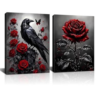 Imagem de ZHAXFA Arte de parede emoldurada vermelha e preta rosa e corvo 30,5 x 40,6 cm - Pintura em tela vintage Dark Academia, decoração floral rosa romântica para sala de estar, quarto, banheiro