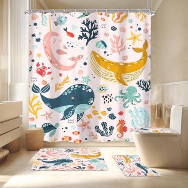 Imagem de LGhtyro Conjunto de cortina de chuveiro infantil rosa baleia 188 cm L x 188 cm A oceano desenho animado peixe subaquático vida marinha com tapetes, tampa de vaso sanitário e tapete de banho