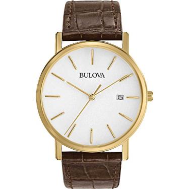 Imagem de Bulova Relógio masculino clássico com 3 ponteiros e pulseira de couro de quartzo, fivela, 37 mm, Pulseira marrom/dourado, Pulseira de couro marrom