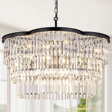 Imagem de Wellmet Lustre de cristal preto para sala de jantar, lustres modernos de casa de fazenda de 3 níveis de 81 cm para tetos altos, 12 luminárias de luxo para entrada, hall de entrada, sala de estar