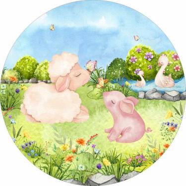 Imagem de Painel de Tecido Sublimado Redondo Jardim Animais Ovelhinha e Porquinh