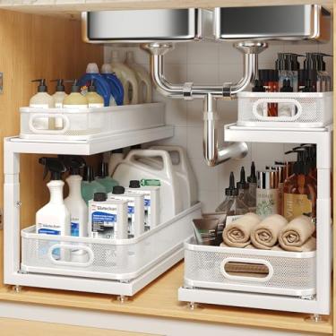 Imagem de Biboraya Pacote com 2 organizadores sob a pia de 45 cm de profundidade com corrediças de rolamento de esferas de última geração, prateleira de puxar de malha sofisticada de 2 camadas para cozinha e