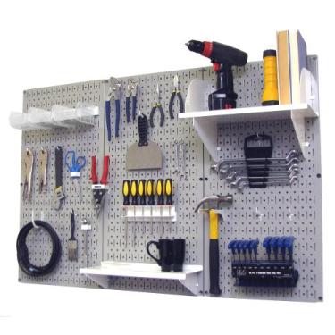 Imagem de Wall Control 30-WRK-400 GW Pegboard Organizer Kit de armazenamento de ferramentas padrão de metal com placa de ferramentas cinza e acessórios brancos
