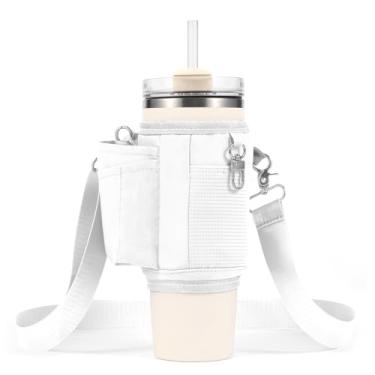 Imagem de STAISE Bolsa de transporte para garrafa de água com bolso para celular Stanley Copo de 100 ml, bolsa de neoprene com alça transversal ajustável para acessórios de bolsa Stanley, branca