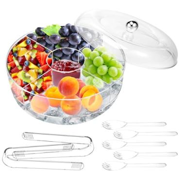 Imagem de Bandeja de servir gelada com tampa, bandeja de festa gelada de 25,4 cm, bandeja giratória versátil, bandeja de 4 compartimentos no gelo para aperitivo de frutos do mar, saladas de camarão e coquetéis