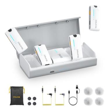 Imagem de 7RYMS iRay DW40 Microfone sem fio de 4 canais para câmeras, filmadoras, iPhones, telefones Android, lapela sem fio, cancelamento de ruído, alcance de 200 metros, funcionamento de 12,5H, microfone Lav