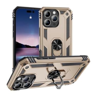 Imagem de SORAKA Capa para iPhone 16 Pro com suporte de anel, capa protetora para iPhone 16 Pro, capa traseira de policarbonato rígido com placa de metal para suporte magnético de telefone e carro dourado