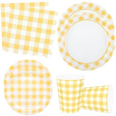 Imagem de 100 peças de pratos e guardanapos de papel xadrez amarelo e branco para piquenique de casamento, família, churrasco, guingão, decoração de festa de aniversário, serve 25 (amarelo)