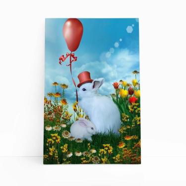 Imagem de Coelhos Brancos Arte Balão Vermelho Quadro Canvas 60X40Cm