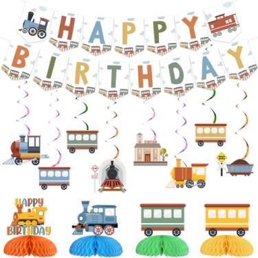 Imagem de Sursurprise Decorações de aniversário com tema de trem, trem a vapor retrô, faixa de feliz aniversário, redemoinhos pendurados em colmeia para cruzamento ferroviário, transporte, trânsito, veículos