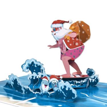 Imagem de GREETING ART Cartão Pop Up Papai Noel surfando, cartão 3D, cartões de Natal pop-up, cartão de Natal infantil, cartão de feriado 3D, cartões de inverno (Papai Noel surfando, 20 x 15 x 0,3 cm)