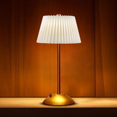 Imagem de JHPGEOE Luminária de mesa de metal sem fio, luminária de mesa LED com controle de sensor de toque, lâmpada de mesa regulável de 3 vias com abajur de tecido para sala de estar (branca)