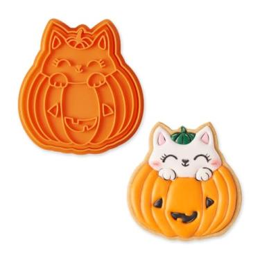 Imagem de Cortadores de biscoito de abóbora de Halloween, laranja 3D, formas de abóbora com gato, para moldes de fondant de biscoito faça você mesmo, ferramenta de decoração de bolos