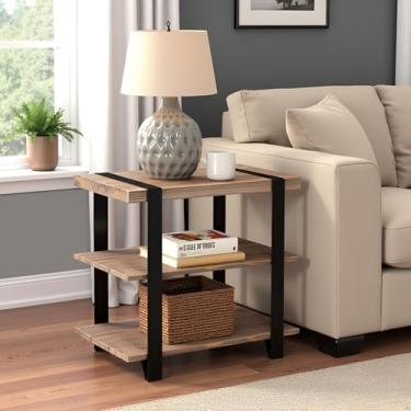 Imagem de Mesa lateral Modesto de 3 níveis – Mesa de canto industrial rústica com 2 prateleiras inferiores, parte superior de madeira de pinho maciça, detalhe de alça de metal, moldura de aço durável, mesa de
