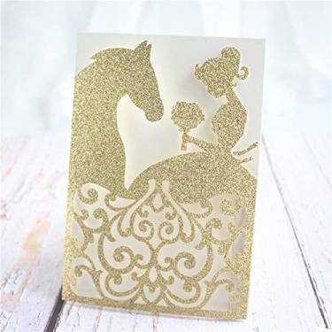 Imagem de MillaSaw Porta-convites de princesa e cavalo com envelope em branco 50 conjuntos para baile de máscaras de aniversário de 16 anos de casamento (dourado)