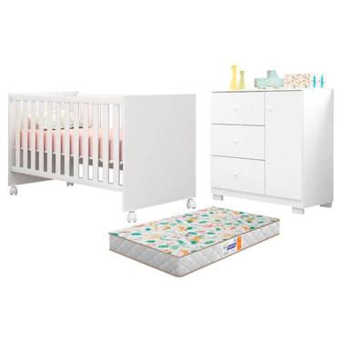 Imagem de Berço Americano Mini Cama Doce Sonho 100 e Cômoda Infantil Duda Branco Brilho com Colchão Gazin – Phoenix Baby