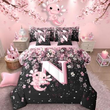 Imagem de Erosebridal Jogo de cama em uma bolsa de flor de cerejeira japonesa (tamanho queen, 7 peças) lindo conjunto de edredom com axolote rosa e letra N, monograma