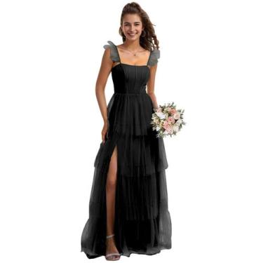 Imagem de Vestido de dama de honra LANGKAAO Plus Size de tule preto com fenda