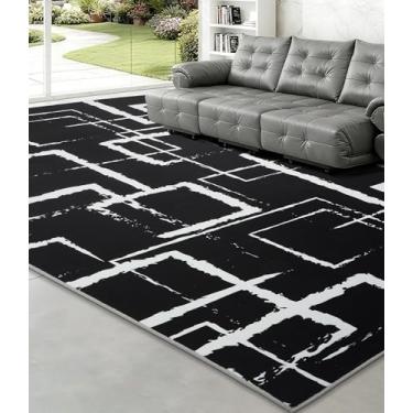 Imagem de YIHOUSE Tapete geométrico moderno preto 20 x 25 cm, preto e branco com padrões retangulares abstratos, tapetes laváveis para quarto, escritório em casa e sala de estar