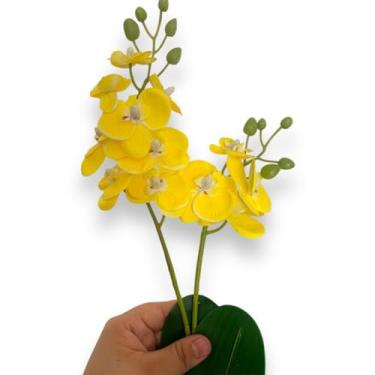 Imagem de Plantas Artificiais Decorativas, Plantas Artificiais Decorativas com Vaso, Arranjo Especial Orquídea 40 cm de Altura, Casca e Musgo Natural(AMARELA)