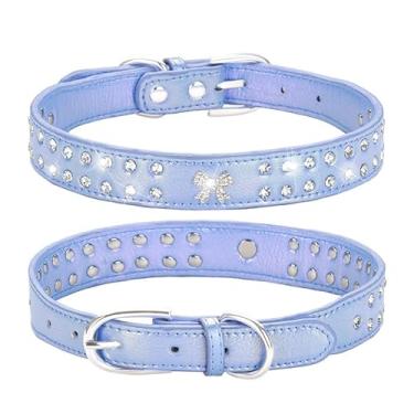 Imagem de Coleira de cachorro azul com strass, coleira de gatinho de couro bonito com glitter joias brilhantes diamante menina filhote coleira para filhotes de cachorro PP pequeno médio animal de estimação