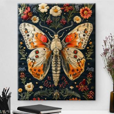 Imagem de Arte de parede em tela de mariposa floral gótica Dark Academia vintage estampa de mariposa pintura estética para casa sala de estar quarto decoração de parede 20 x 25 cm