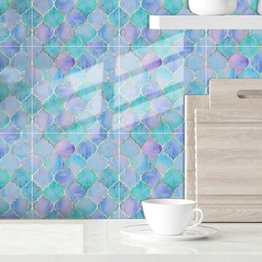 Imagem de Azulejos de parede de escama de peixe azul – Pacote com 6 adesivos de azulejo removíveis de 15 x 15 cm, decoração de vinil à prova d'água DIY para cozinha, banheiro, dormitório, decalques de parede