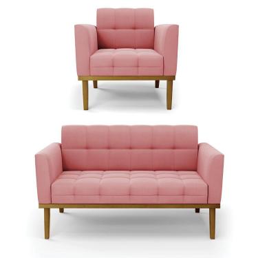 Imagem de Namoradeira Com Poltrona Base De Madeira Castanho Elisa Suede D03 - D\'rossi Cor Rose