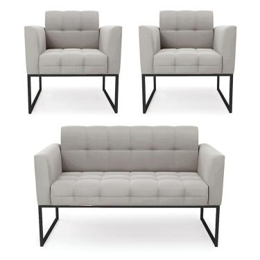Imagem de Kit 1 Sofá Namoradeira E 2 Poltronas Elisa Veludo Base Metálica Industrial Preto - D'rossi Cor Cinza