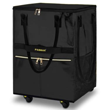 Imagem de PASMAN Bolsa de compras reutilizável com rodas, carrinho de compras, bolsa com 8 bolsos e capa com zíper, dobrável, alças resistentes, Preto, Large