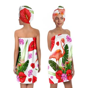 Imagem de Toalha de banho corporal com estampa de folhas de palmeira flamingo e toalha de cabelo para mulheres e meninas, conjunto de toalhas de banho macio e secagem de cabelo, secagem rápida, absorvente