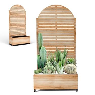 Imagem de Caixa de vaso de metal com tela de privacidade para plantas trepadeiras, treliça com canteiros elevados, caixas de plantação em pé com orifícios de drenagem (63,5 cm C, grão de madeira branca em arco)