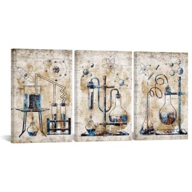 Imagem de KREATIVE ARTS Arte de parede de ciência industrial vintage conjunto de 3 impressões em tela cada painel 40 x 61 cm, equipamento de laboratório de química, arte, design rústico, decoração de sala de
