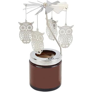 Imagem de Castiçal giratório de coruja giratória, suporte de vela giratória de metal prateado para moinho de vento para decoração de mesa de aniversário, casamento, aniversário, festa, decoração de mesa