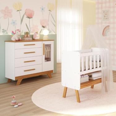Imagem de Quarto de Bebê Completo Mini Berço 3 em 1 Cômoda 1 Portas 4 Gavetas Retro 100% MDF