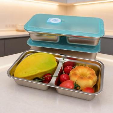 Imagem de Recipientes de armazenamento de alimentos de aço inoxidável, geladeira, compartimento duplo, caixas de lanche com tampas, caixa bento (grade dupla)