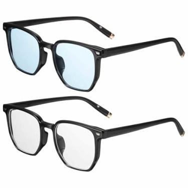 Imagem de HARFINGTON 2 peças de óculos de sol para mulheres e homens, óculos de sol quadrados modernos de policarbonato para dirigir, fazer compras e tirar fotos, preto brilhante e preto brilhante