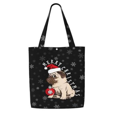 Imagem de Sacola de lona estética para mulheres, bolsas de ombro reutilizáveis para férias, compras, trabalho, mercearia, Bola de Natal Santa Pug Dog Snow Merry Christmas, One Size